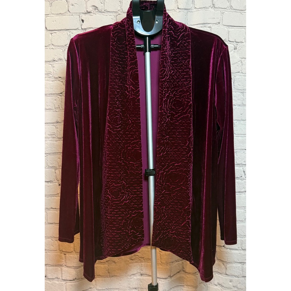 Mirasol Womens Plum Velvet Open Front Cardigan Jacket Textured Trim Size M